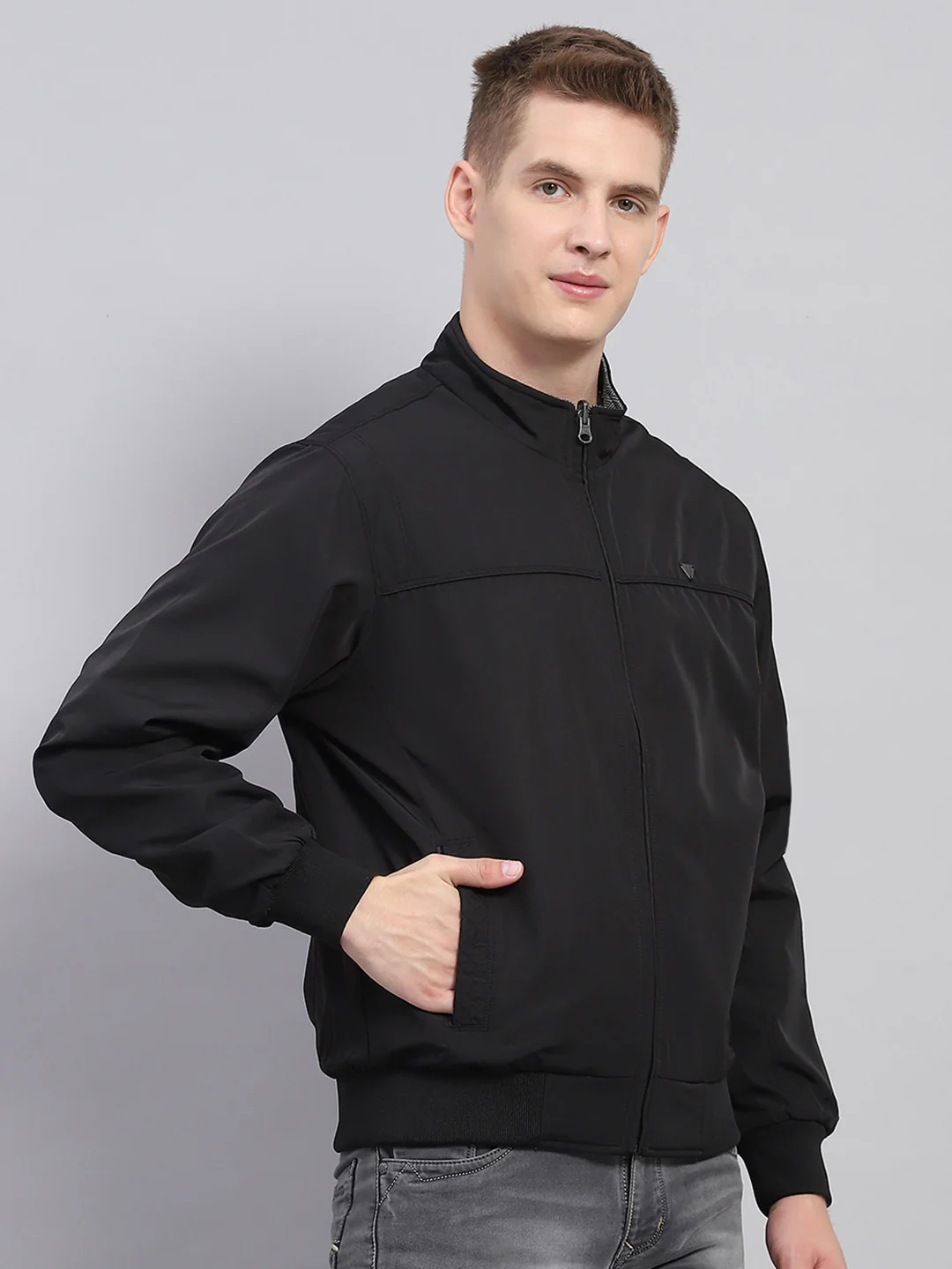 Men Black Solid Mock Neck Full Sleeve Jacket - Image 7