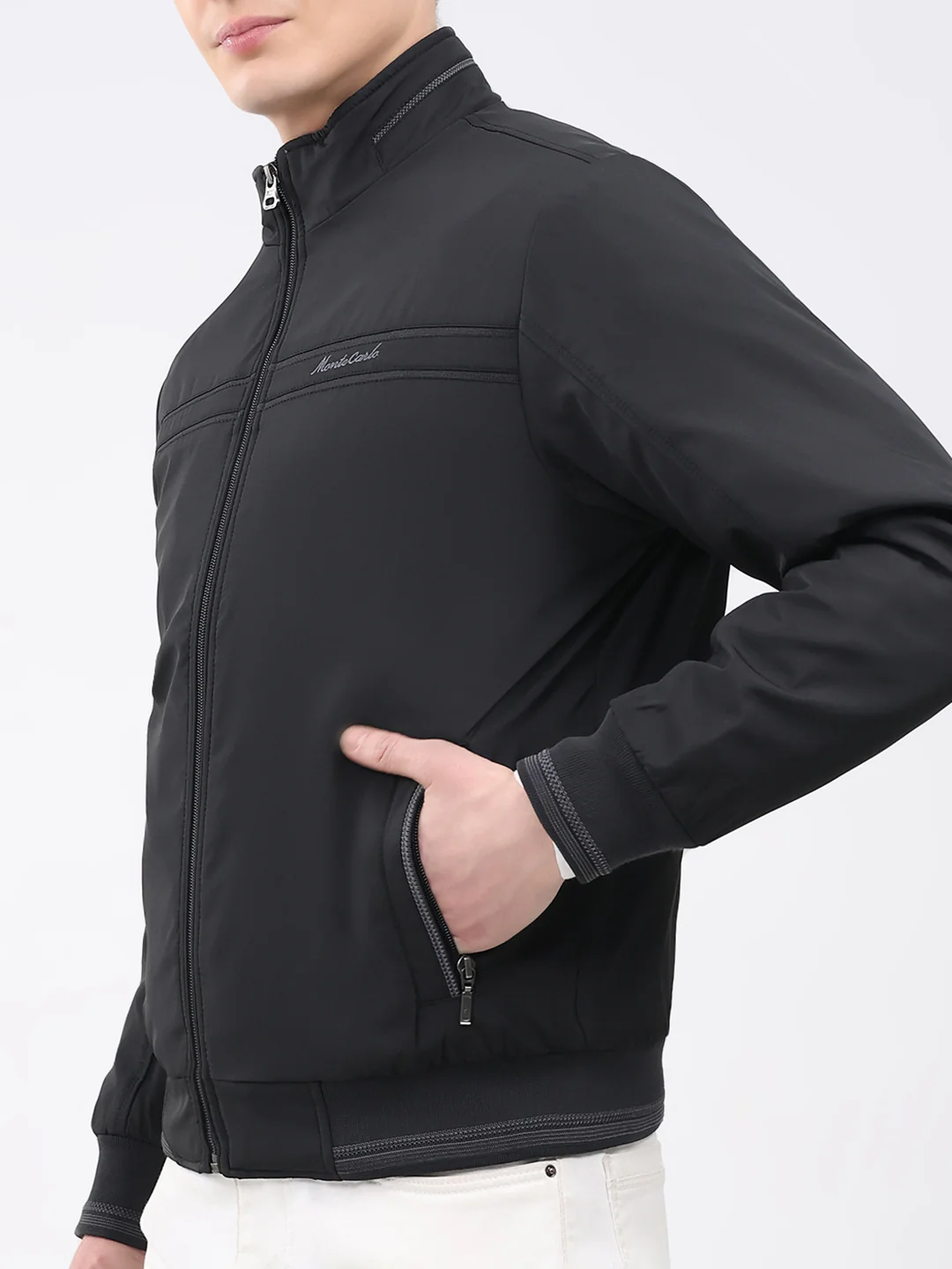 Men Black Solid Mock Neck Full Sleeve Jacket - Image 6