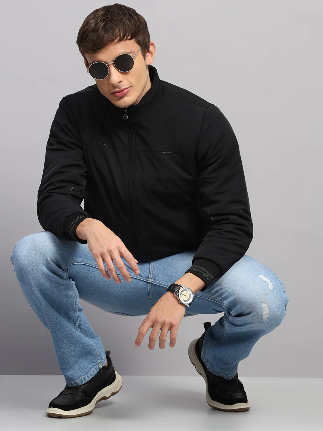 Men Black Solid Mock Neck Full Sleeve Jacket - Image 2