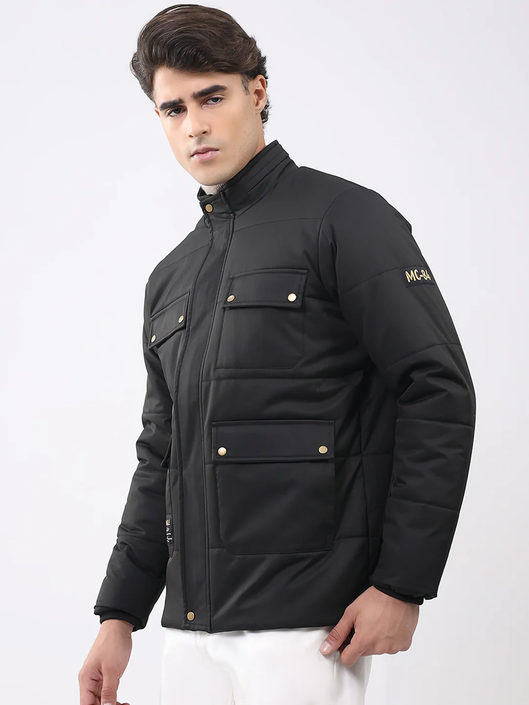 Men Black Solid Mock Neck Full Sleeve Jacket - Image 3