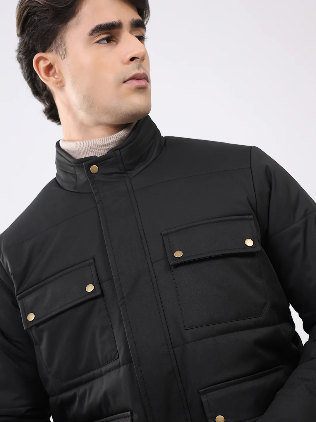 Men Black Solid Mock Neck Full Sleeve Jacket - Image 6