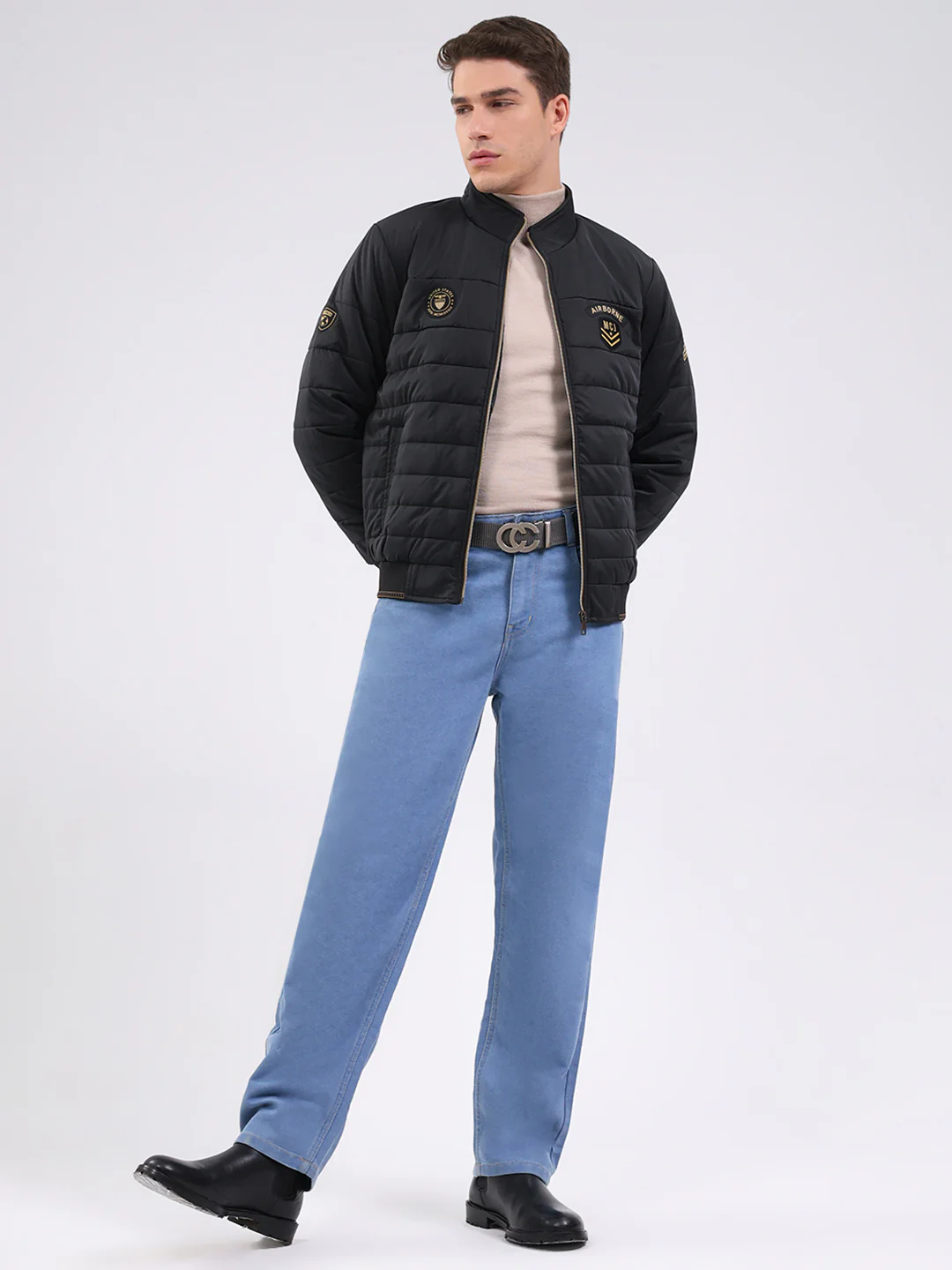 Men Black Solid Mock Neck Full Sleeve Jacket - Image 2