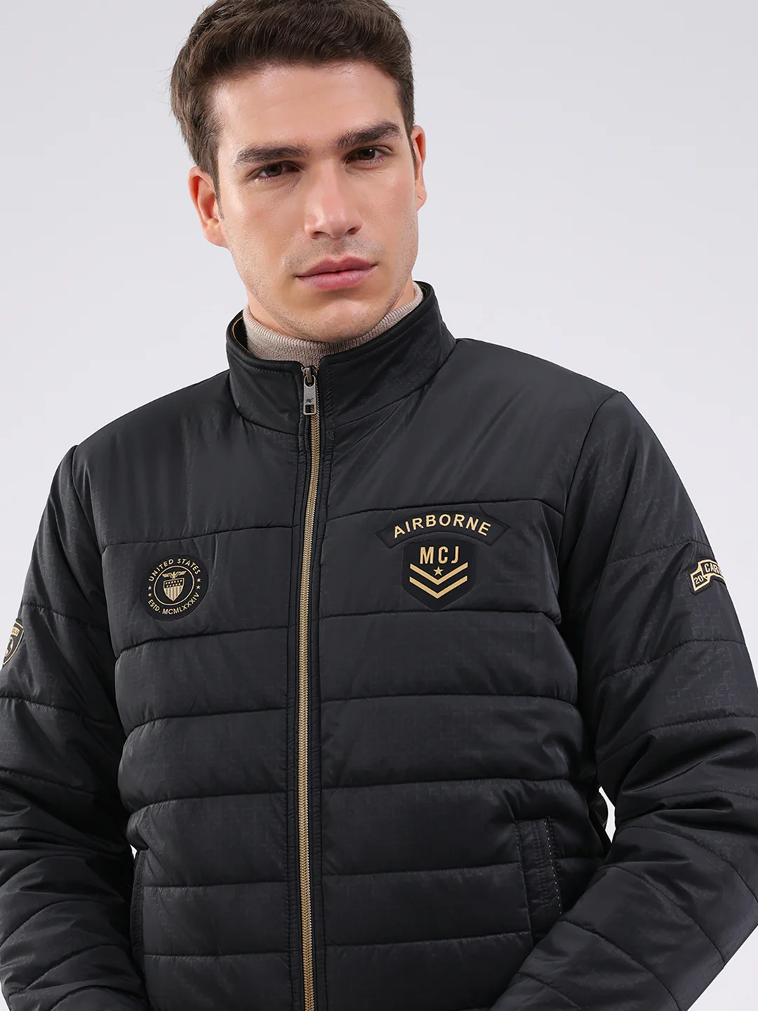 Men Black Solid Mock Neck Full Sleeve Jacket - Image 6