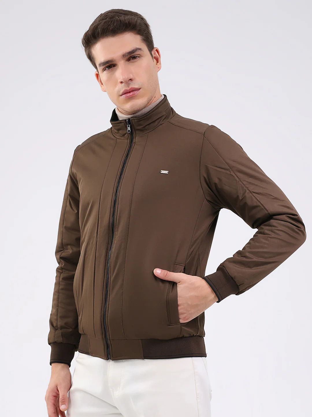 Men Black Solid Mock Neck Full Sleeve Jacket - Image 7