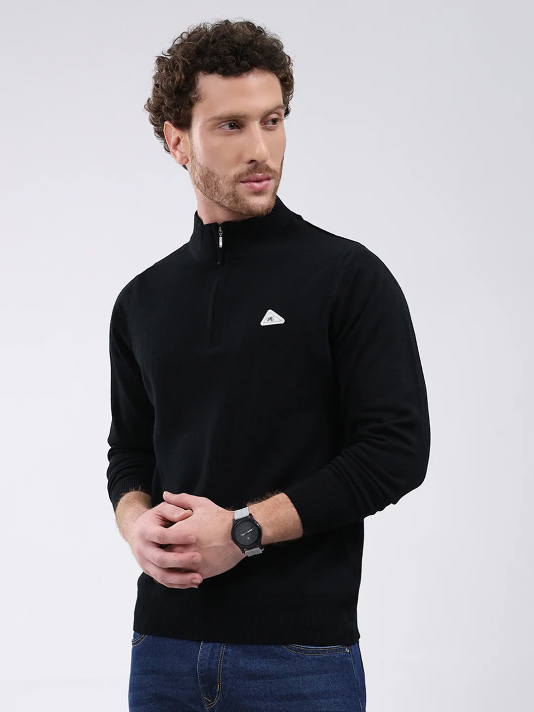 Men Black Solid Mock Neck Full Sleeve Pullover - Image 3