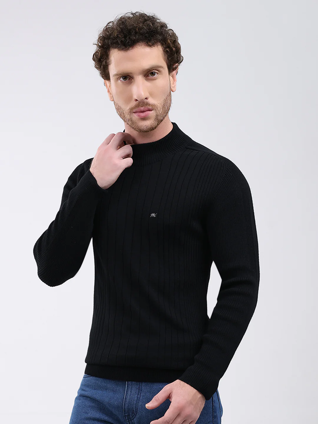 Men Black Solid Mock Neck Full Sleeve Pullover - Image 3