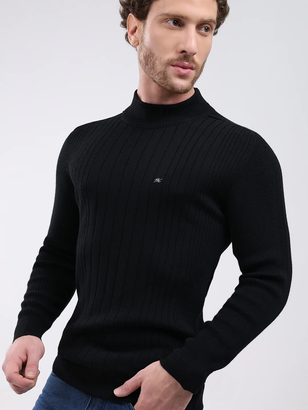 Men Black Solid Mock Neck Full Sleeve Pullover - Image 7