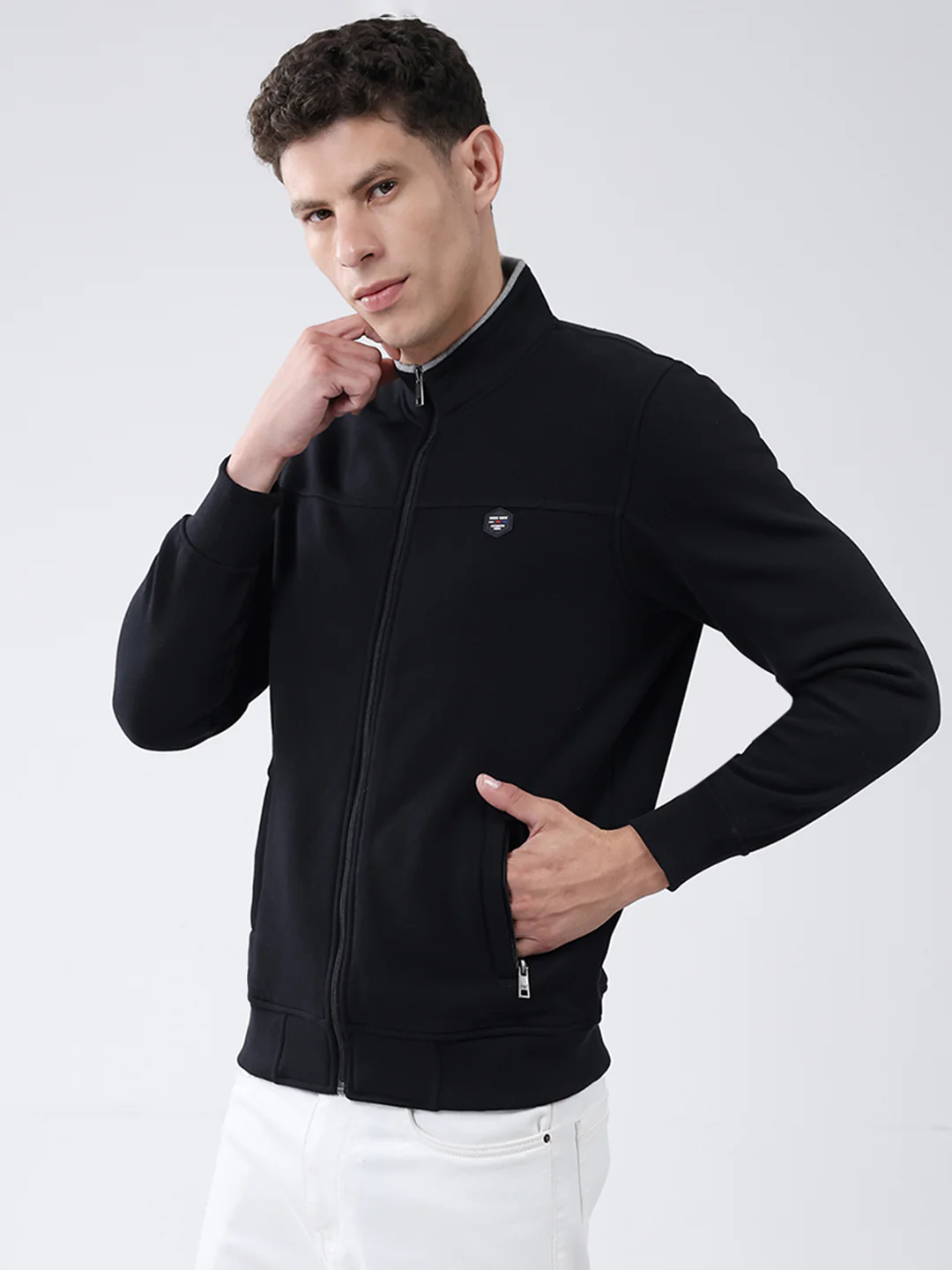 Men Black Solid Mock Neck Full Sleeve Sweatshirt - Image 3