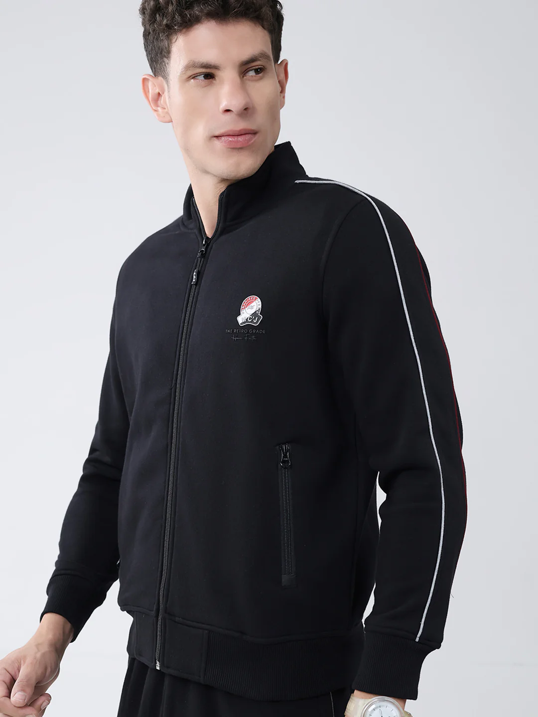 Men Black Solid Mock Neck Full Sleeve Winter Tracksuit - Image 6