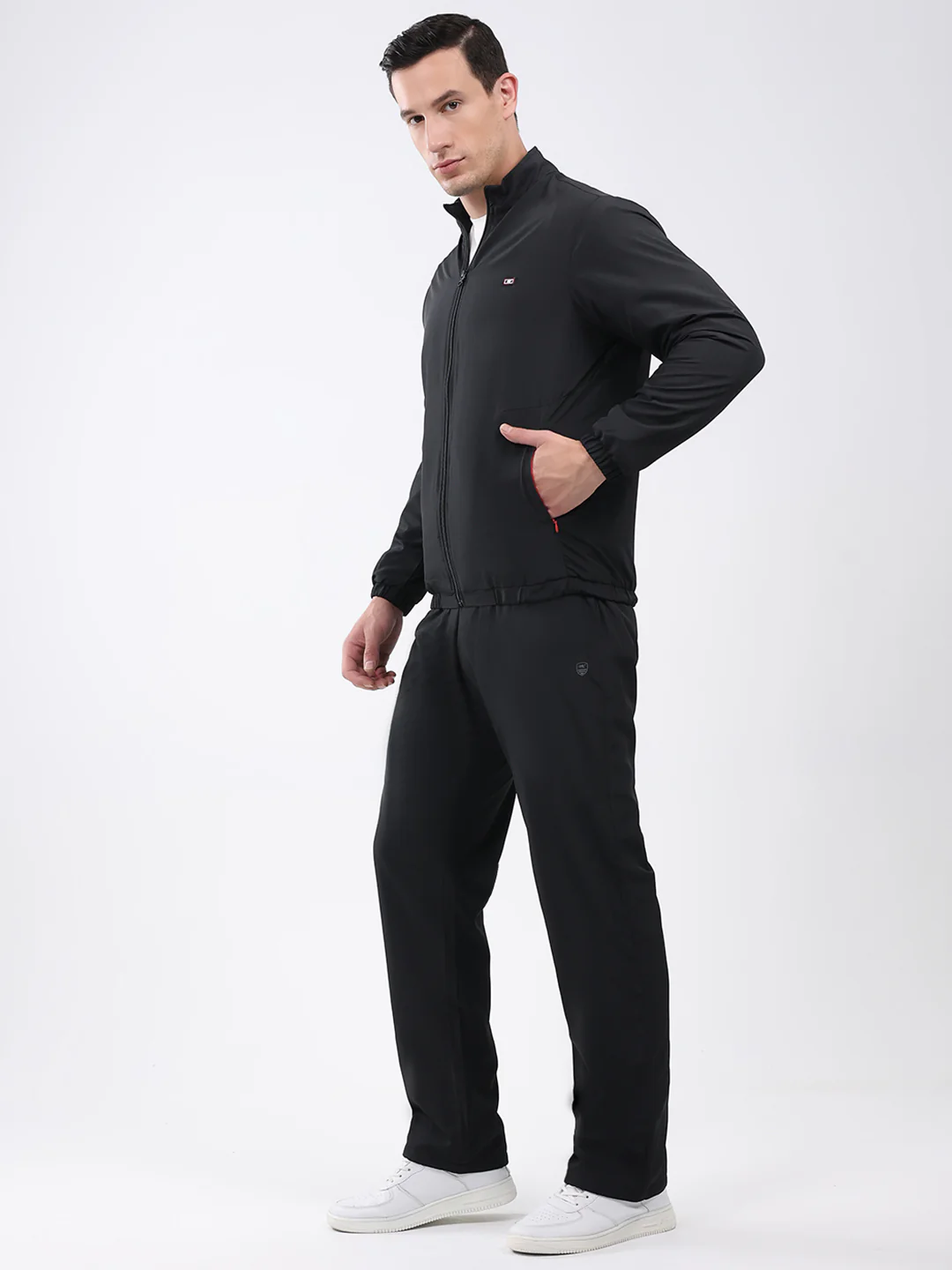 Men Black Solid Mock Neck Full Sleeve Winter Tracksuit - Image 3