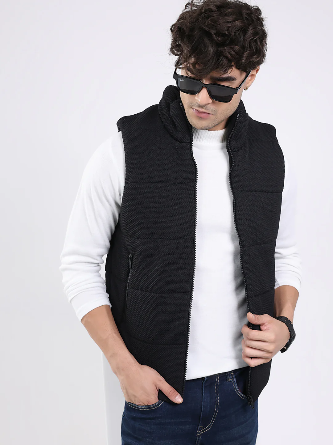 Men Black Solid Mock Neck Sleeveless Jacket - Image 6