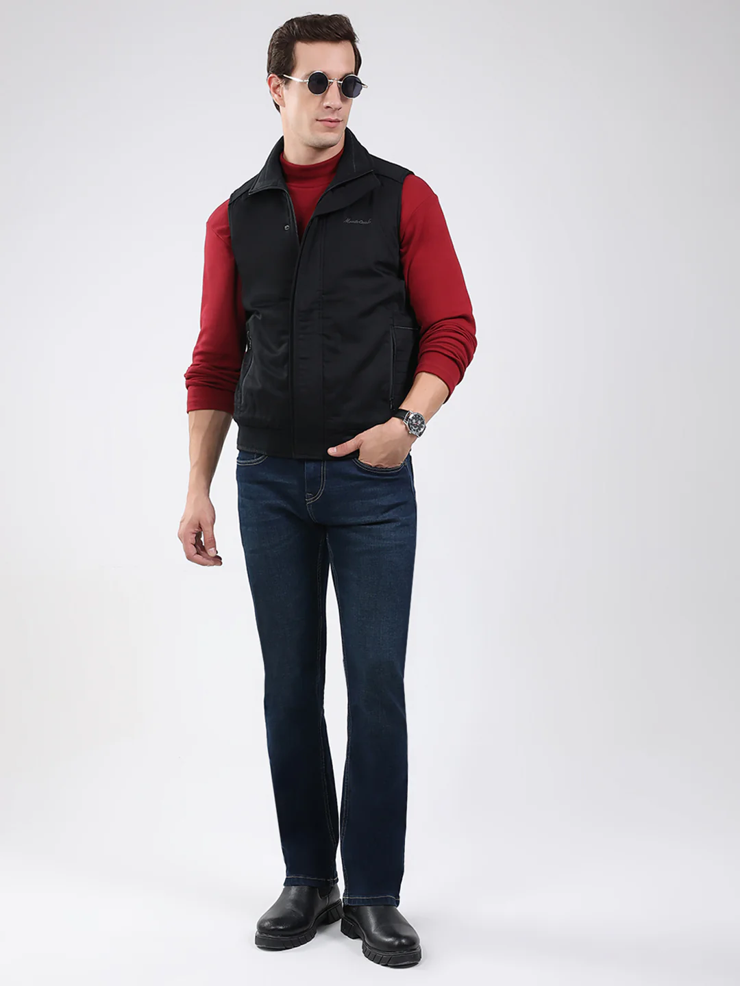 Men Black Solid Mock Neck Sleeveless Jacket - Image 2