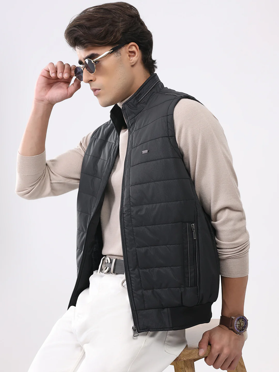 Men Black Solid Mock Neck Sleeveless Jacket - Image 6