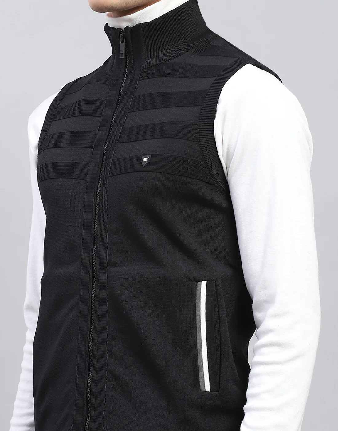 Men Black Solid Mock Neck Sleeveless Sweater - Image 6