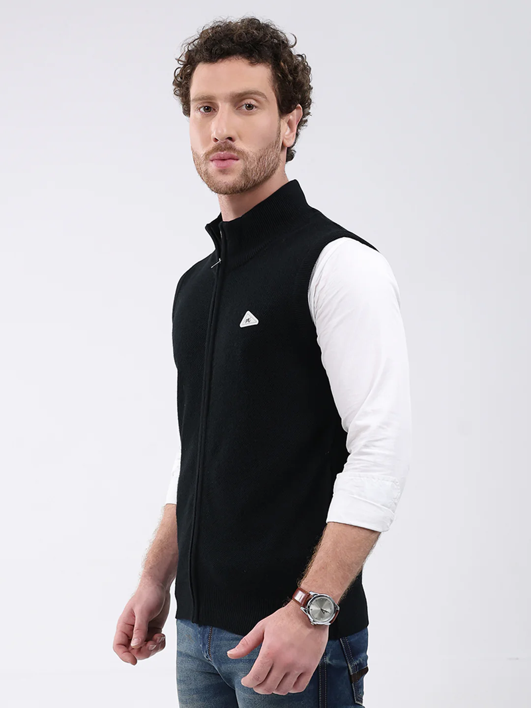 Men Black Solid Mock Neck Sleeveless Sweater - Image 3