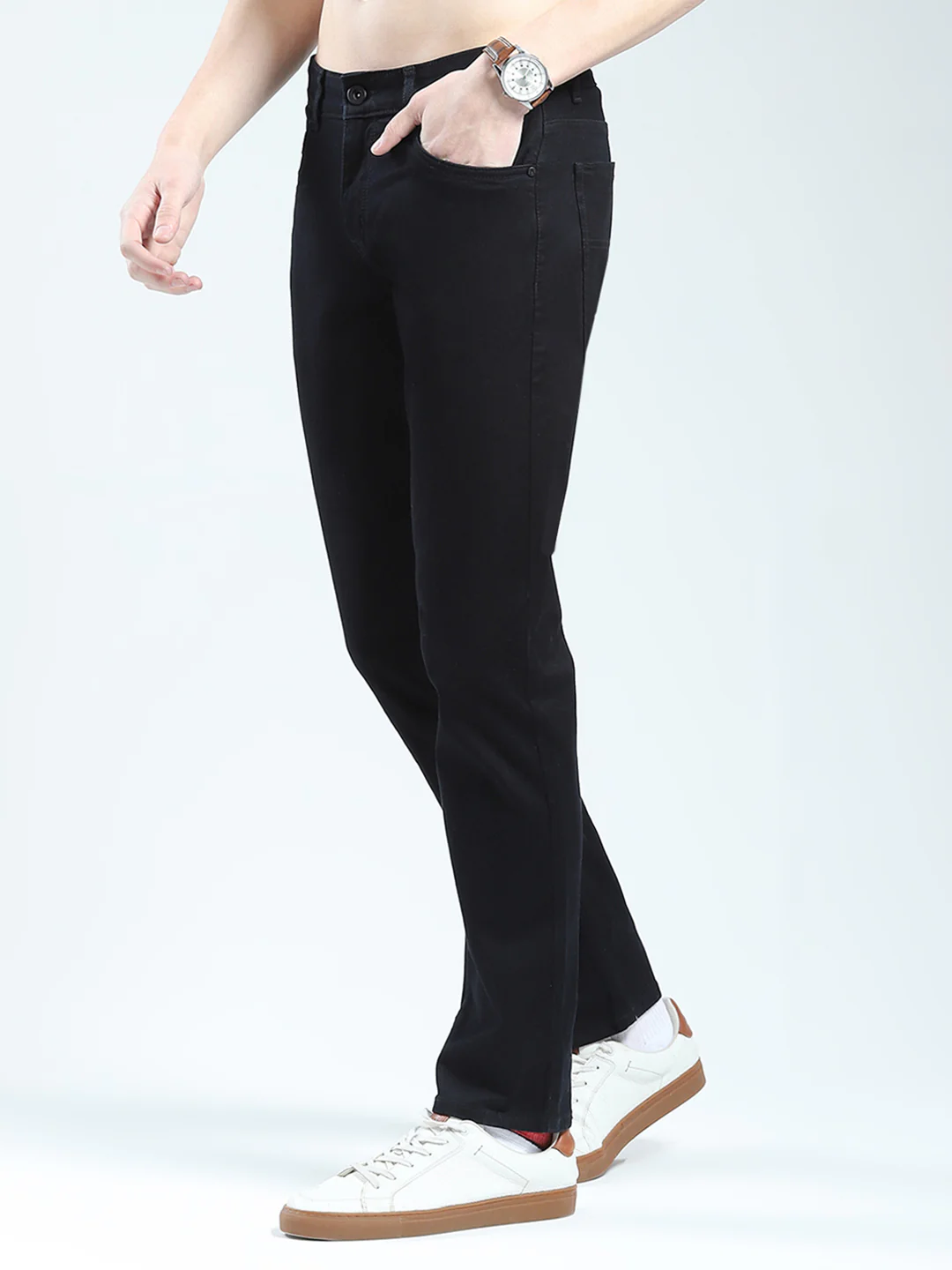 Men Black Solid Narrow Fit Denim - Image 3
