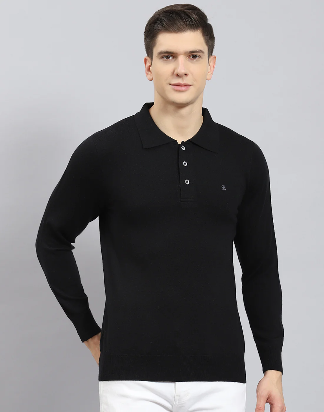 Men Black Solid Polo Collar Full Sleeve T-Shirt - Image 3