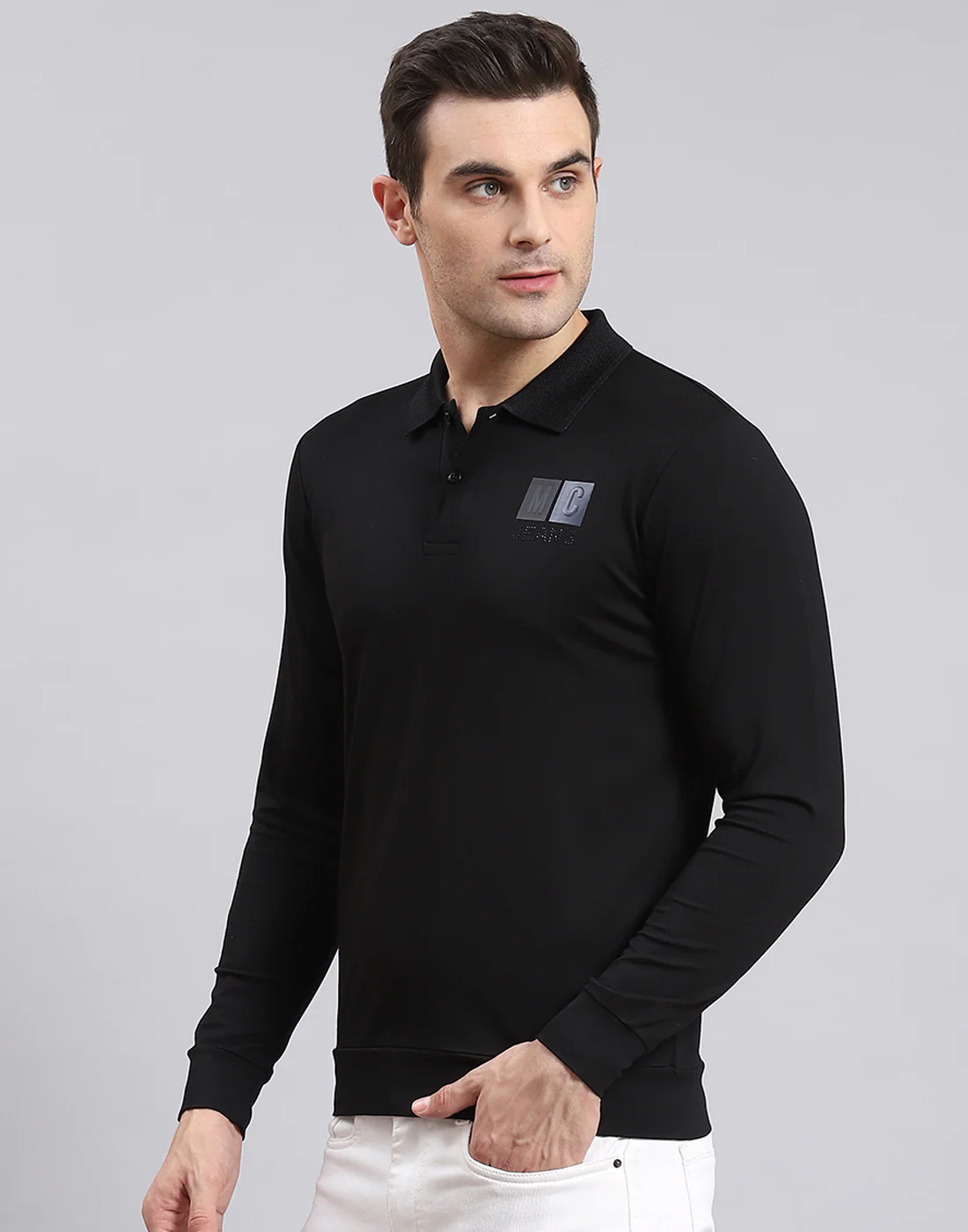 Men Black Solid Polo Collar Full Sleeve T-Shirt - Image 4