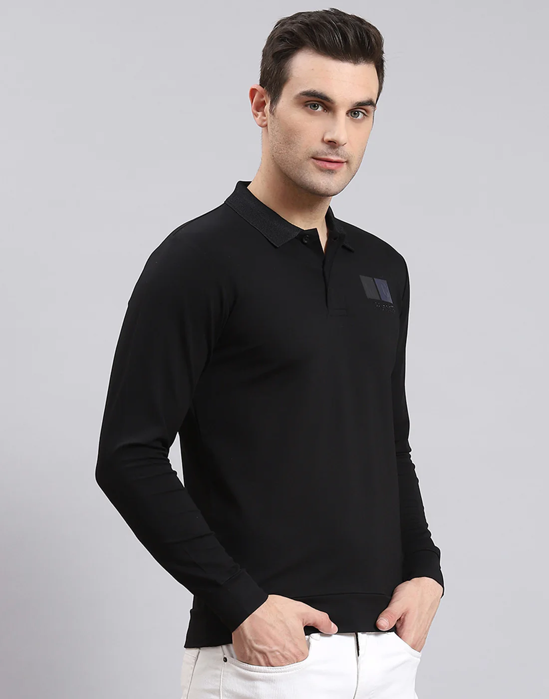 Men Black Solid Polo Collar Full Sleeve T-Shirt - Image 6