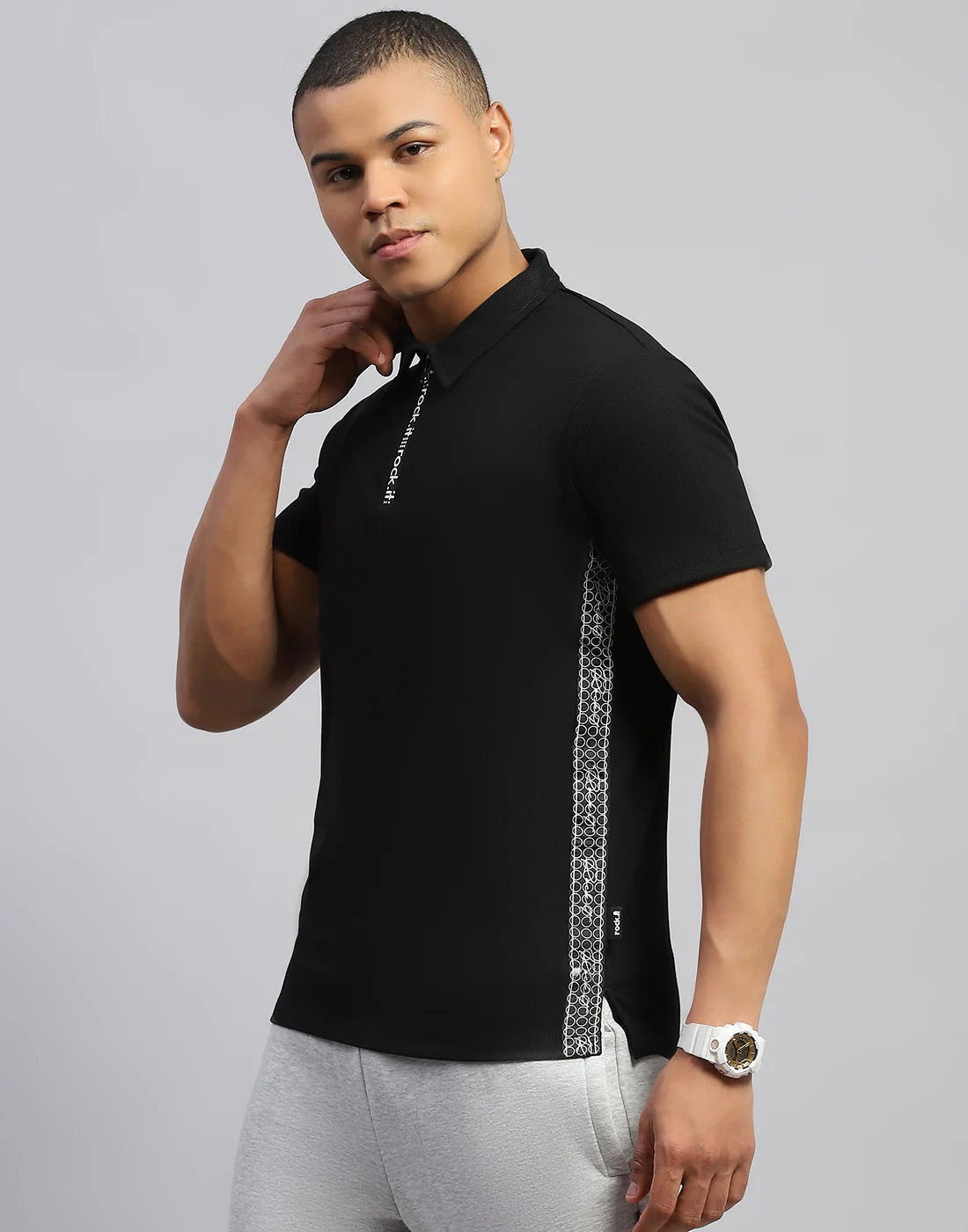 Rock.it Men Black Solid Polo Collar Half Sleeve T-Shirt - Image 3