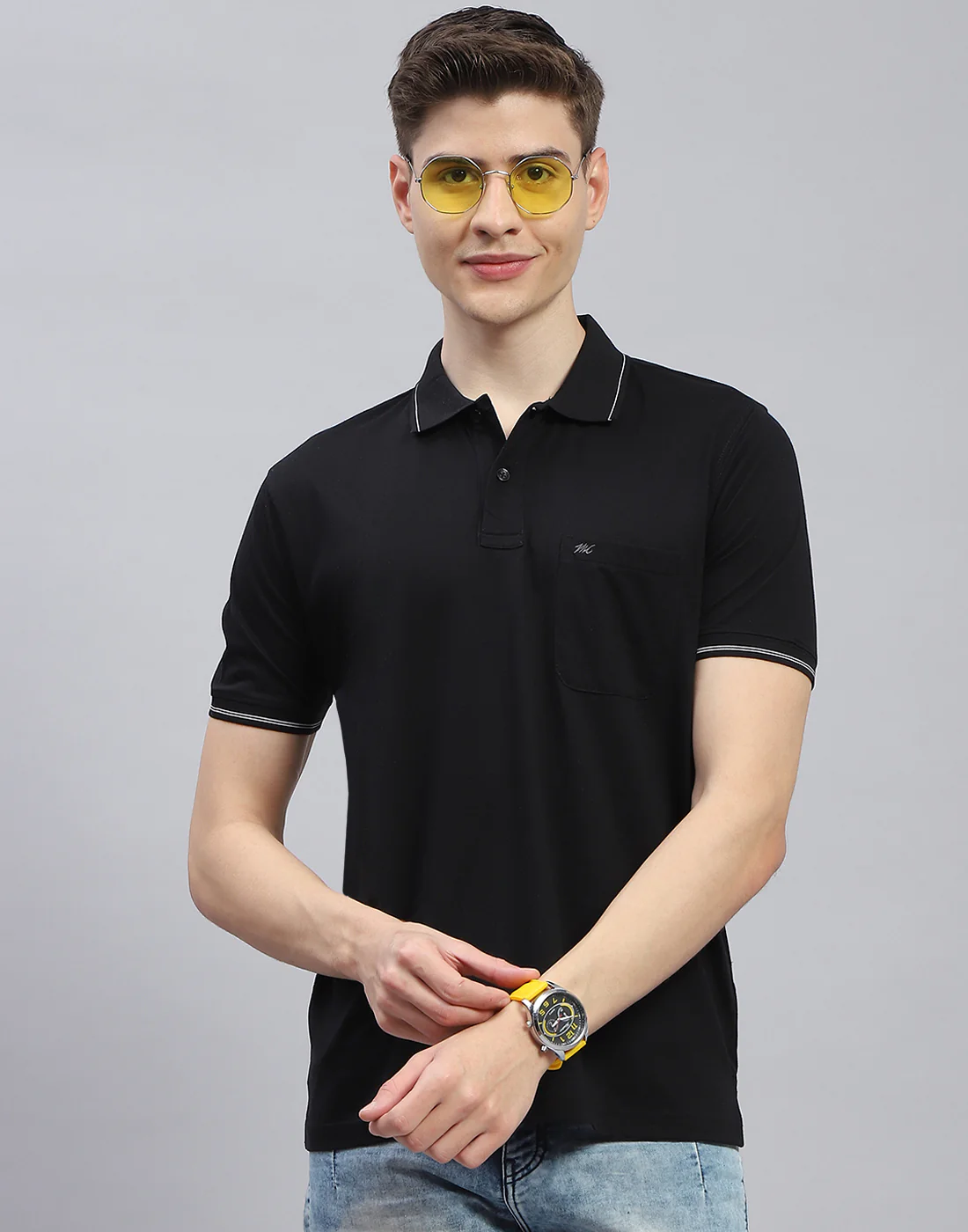 Men Black Solid Polo Collar Half Sleeve T-Shirt - Image 3