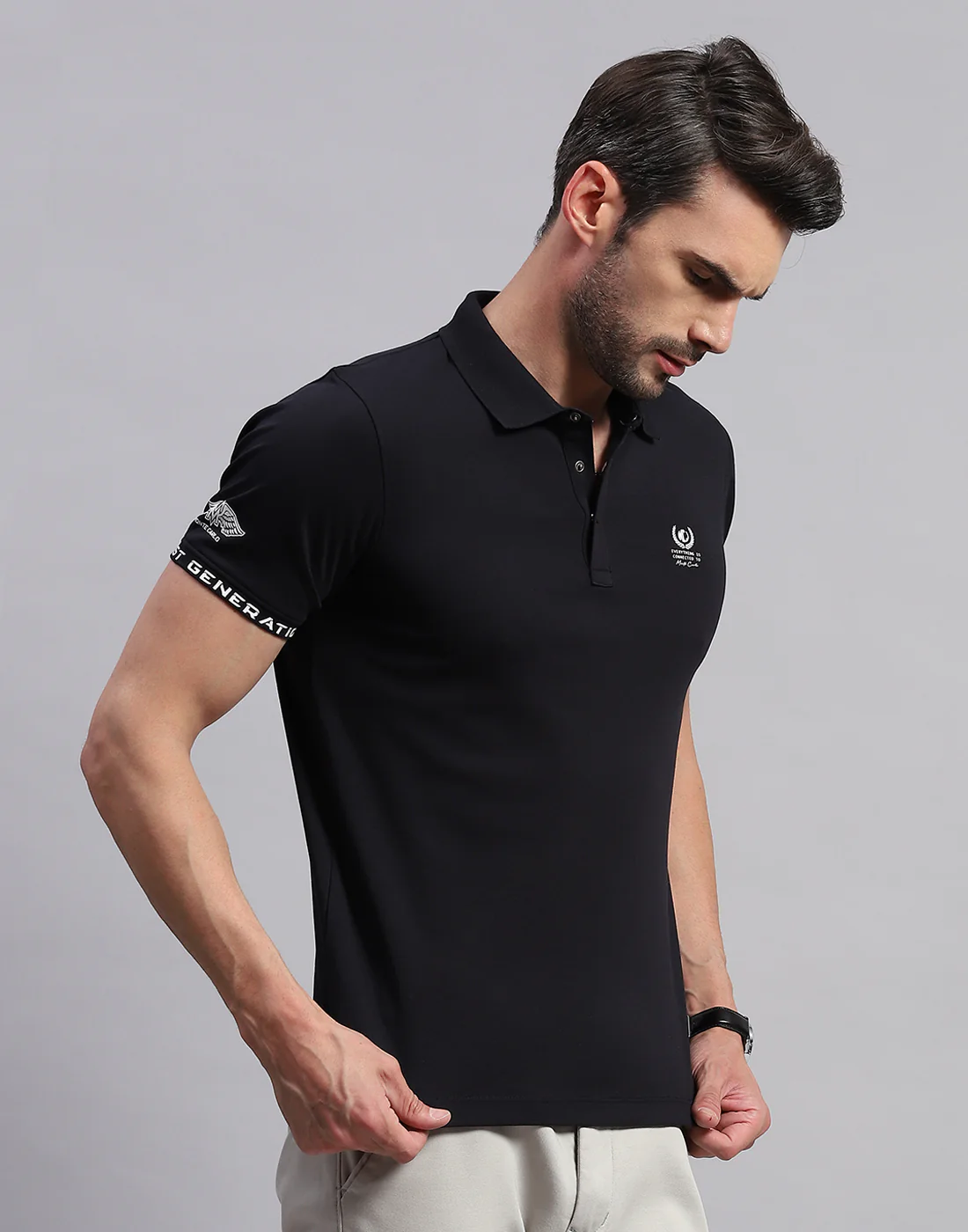 Men Black Solid Polo Collar Half Sleeve T-Shirt - Image 4