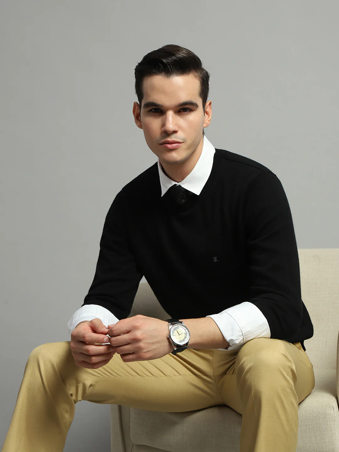 Luxuria Men Black Solid Round Neck Full Sleeve Pullover - Image 6