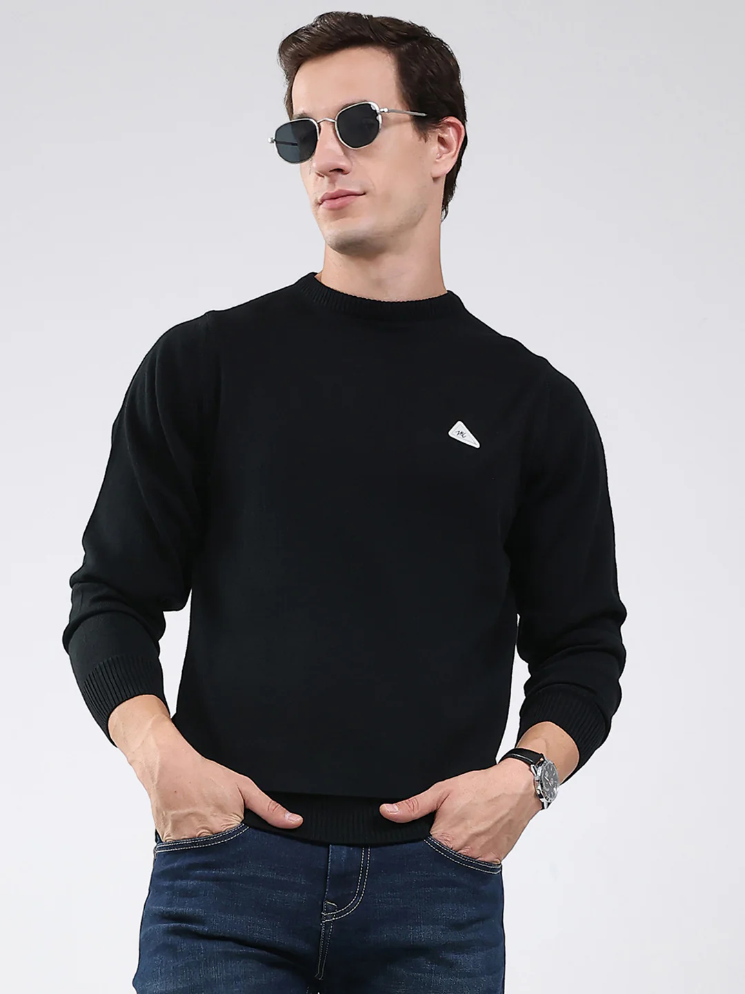 Men Black Solid Round Neck Full Sleeve Pullover - Image 6