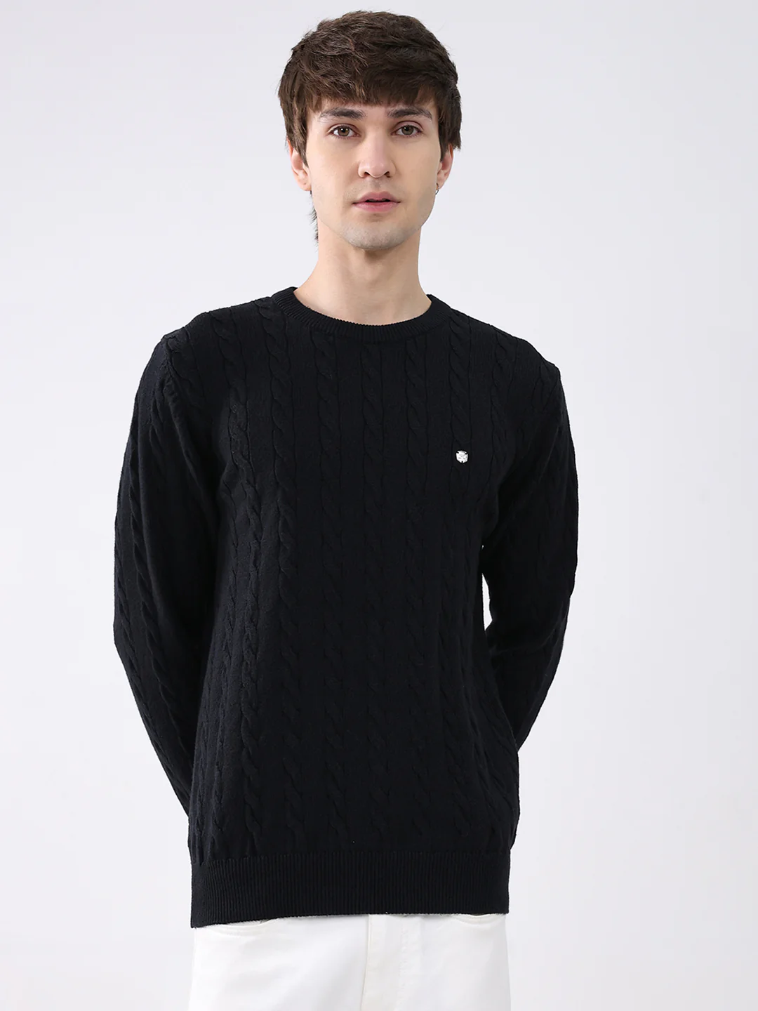 Men Black Solid Round Neck Full Sleeve Pullover