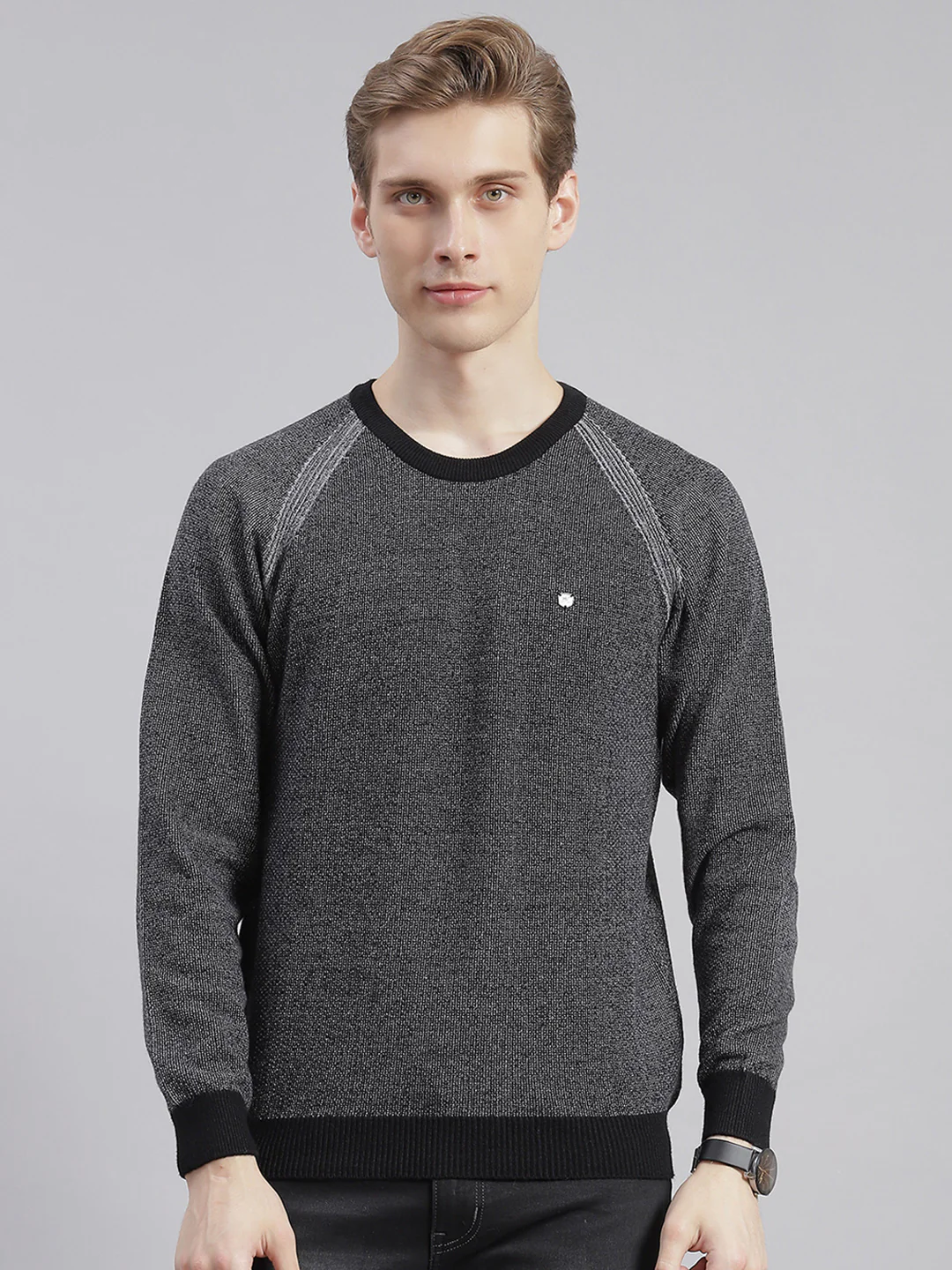 Men Black Solid Round Neck Full Sleeve Sweaters/Pullovers - Image 2