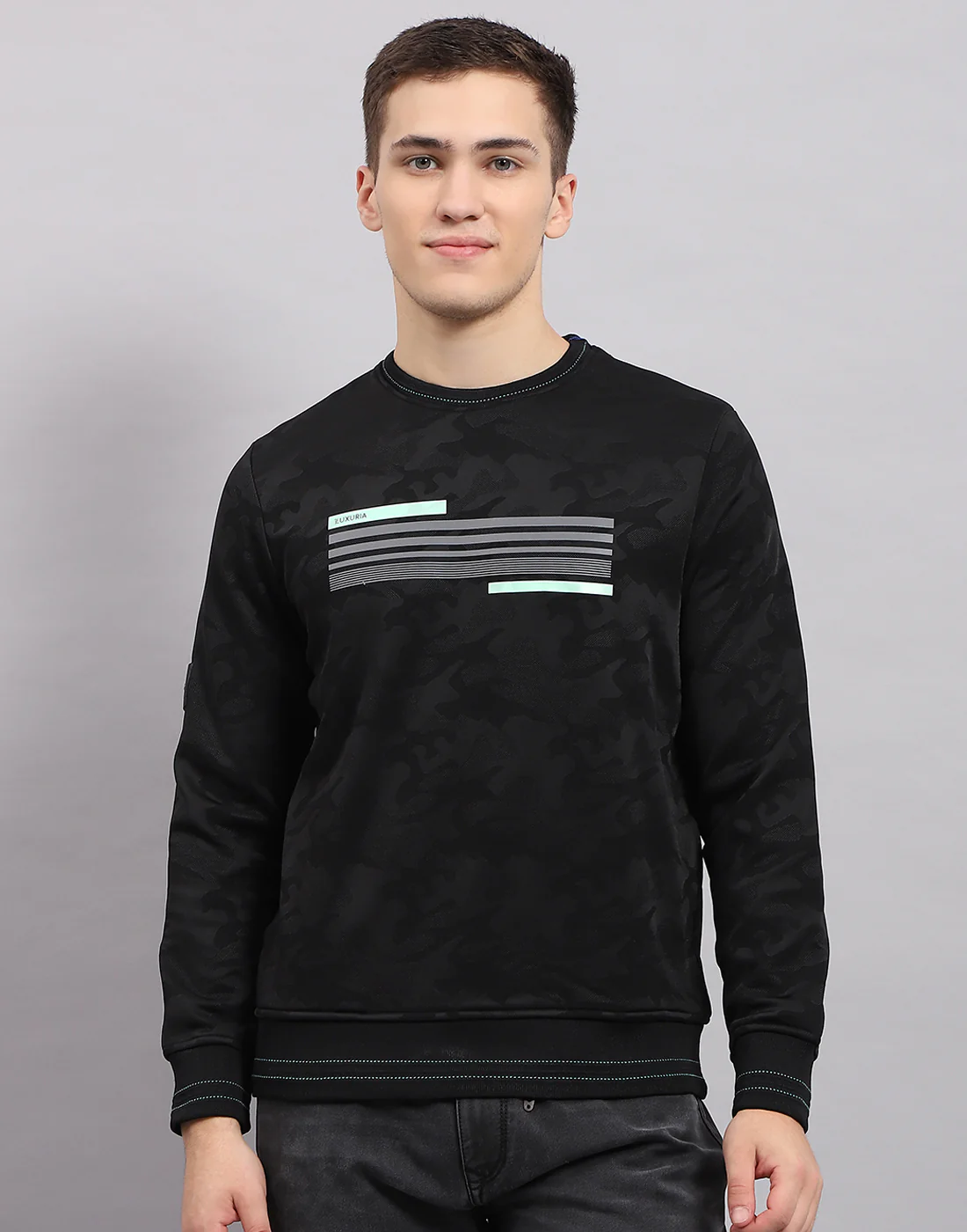 Men Black Solid Round Neck Full Sleeve Sweatshirt - Image 2