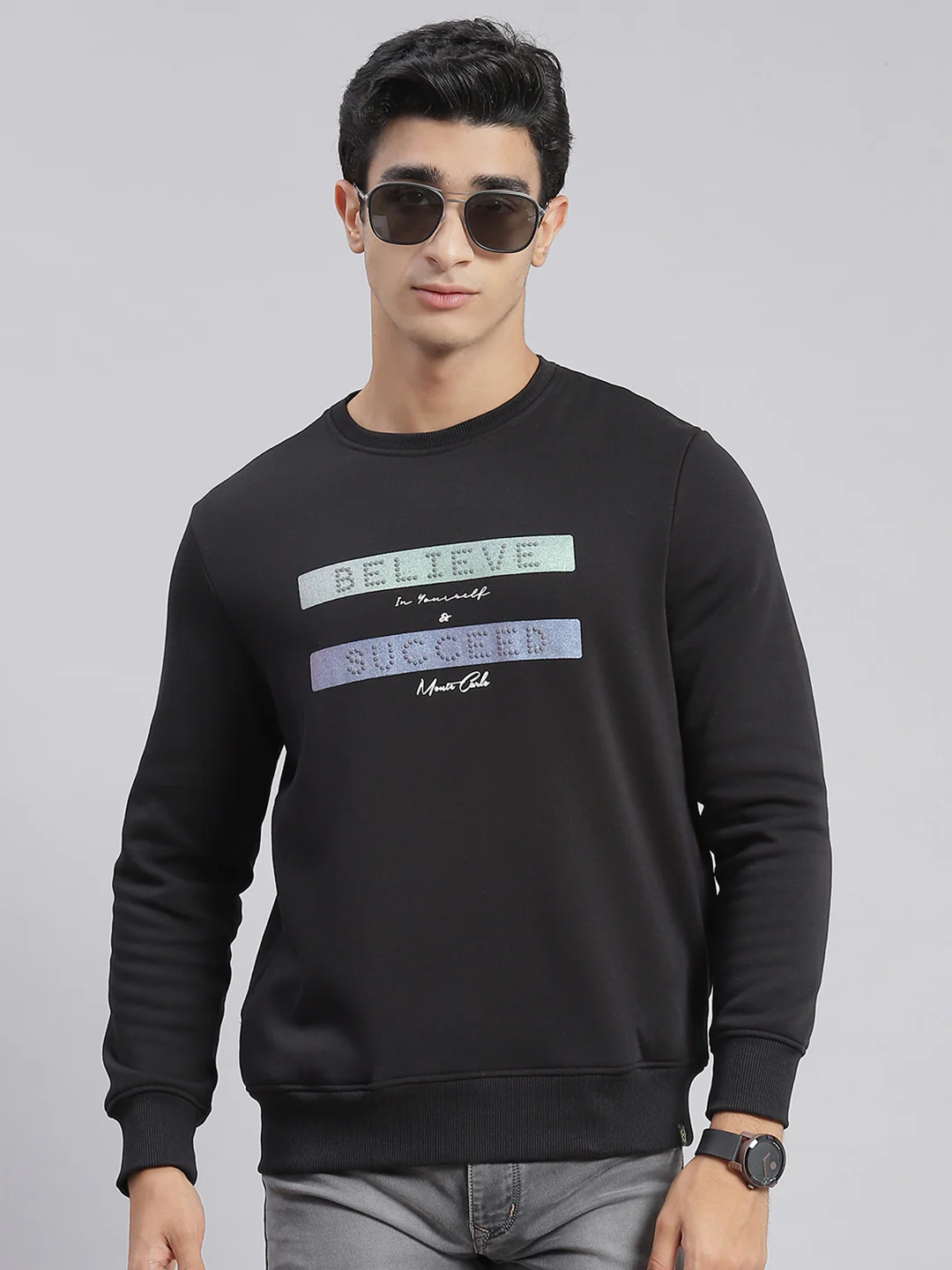 Men Black Solid Round Neck Full Sleeve Sweatshirts - Image 2