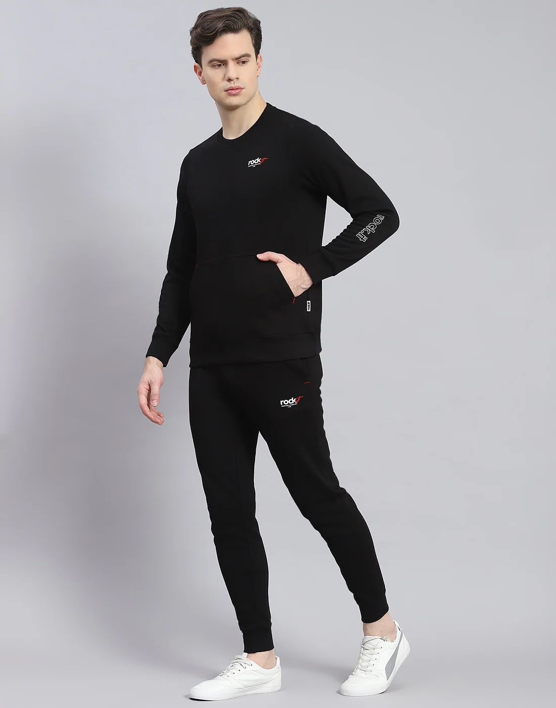 Rock.it Men Black Solid Round Neck Full Sleeve Tracksuit - Image 4