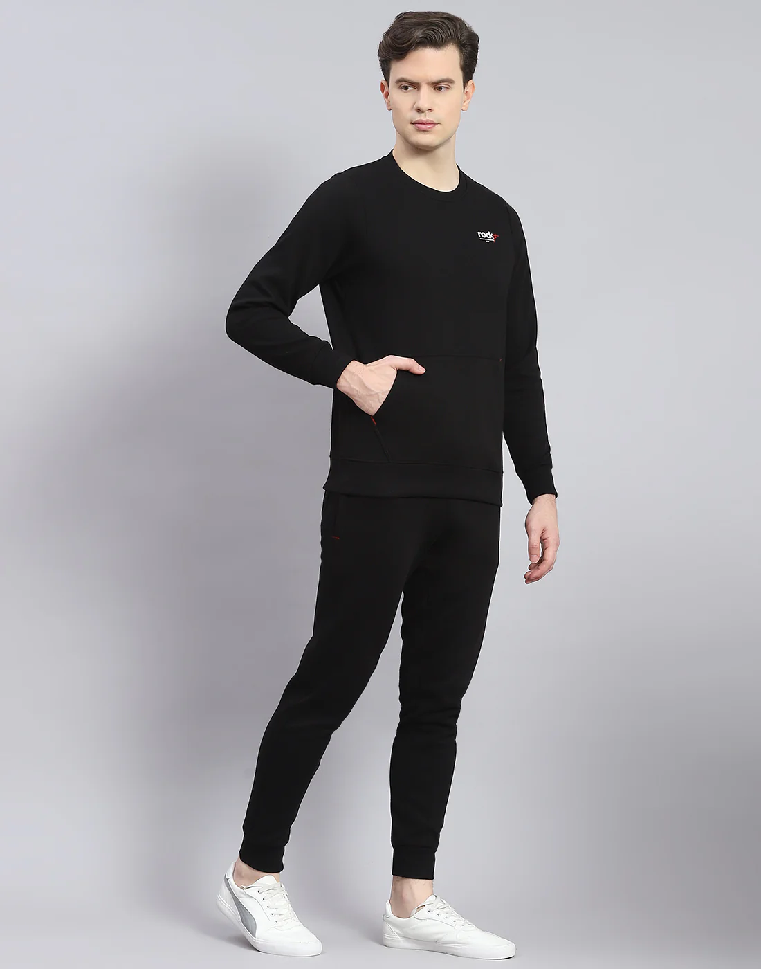 Rock.it Men Black Solid Round Neck Full Sleeve Tracksuit - Image 5