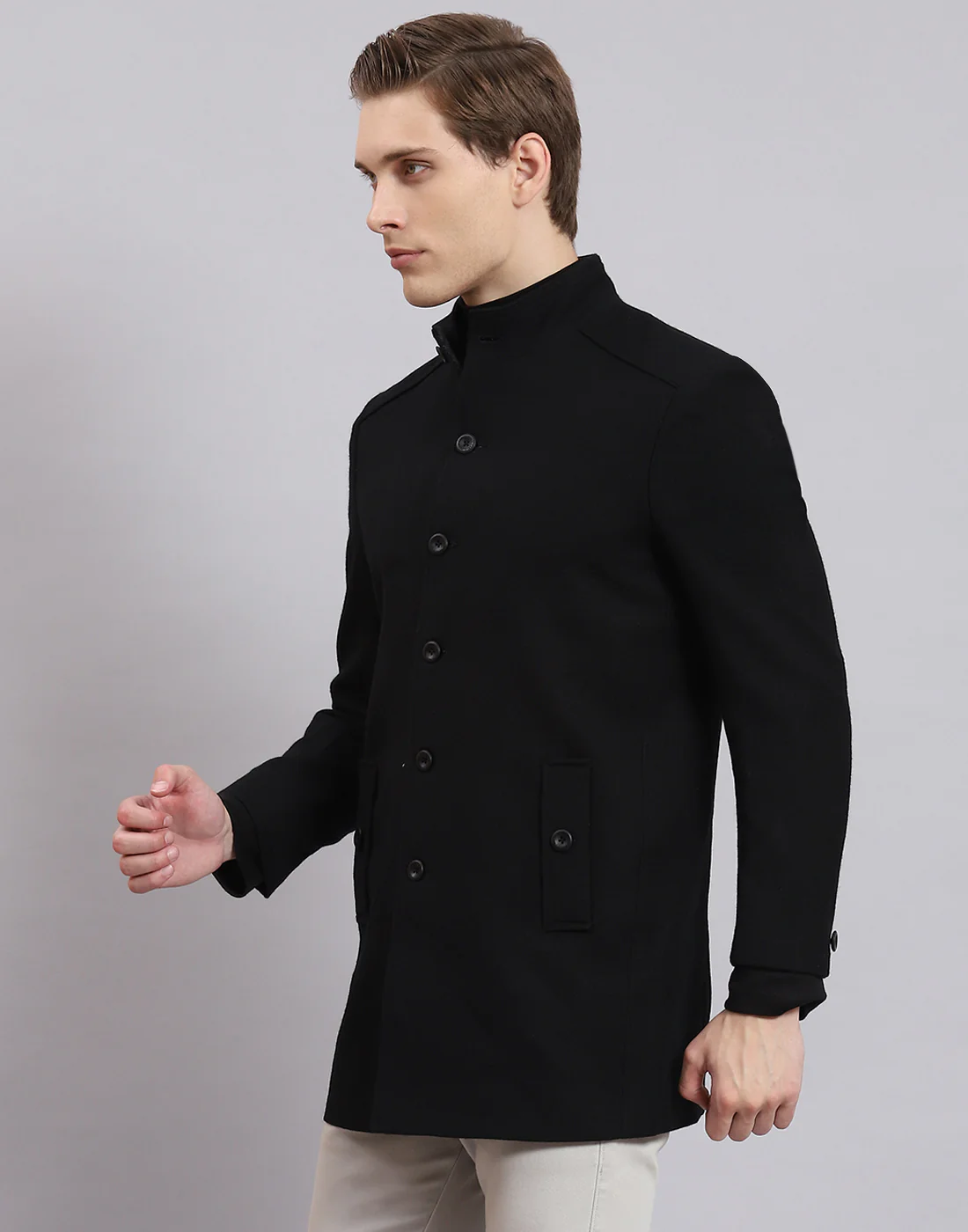 Men Black Solid Stand Collar Full Sleeve Coat - Image 4