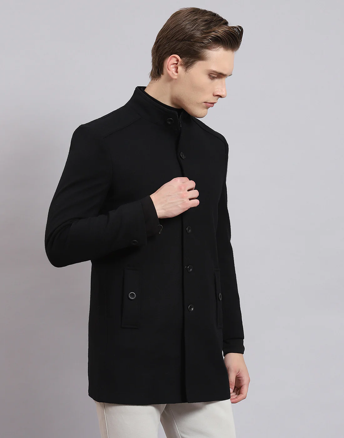 Men Black Solid Stand Collar Full Sleeve Coat - Image 6