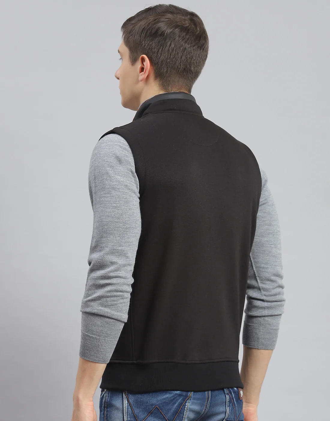 Men Black Solid Stand Collar Sleeveless Jacket - Image 5