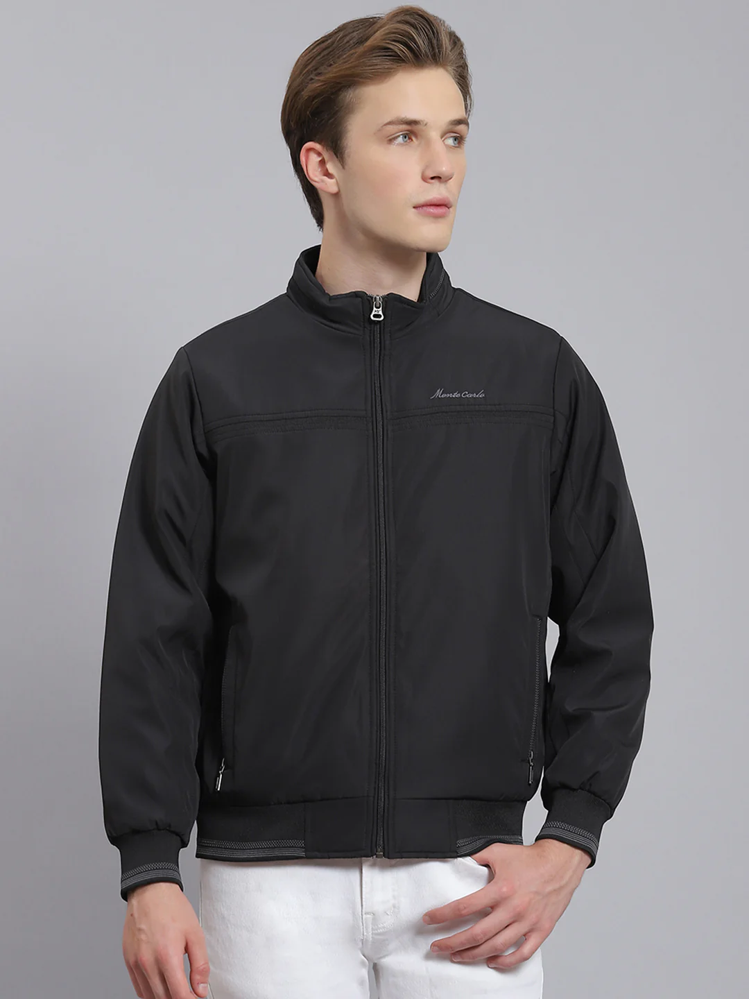 Men Black Solid Stand Collar Full Sleeve Jacket - Image 5