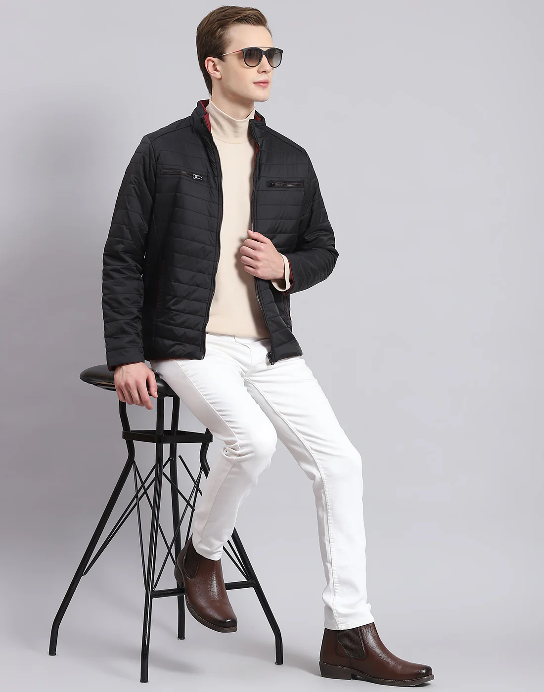 Men Black Solid Stand Collar Full Sleeve Jacket - Image 3