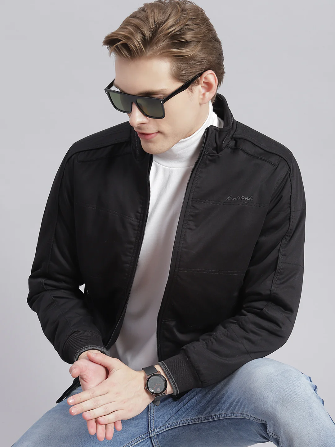 Men Black Solid Stand Collar Full Sleeve Jackets - Image 2