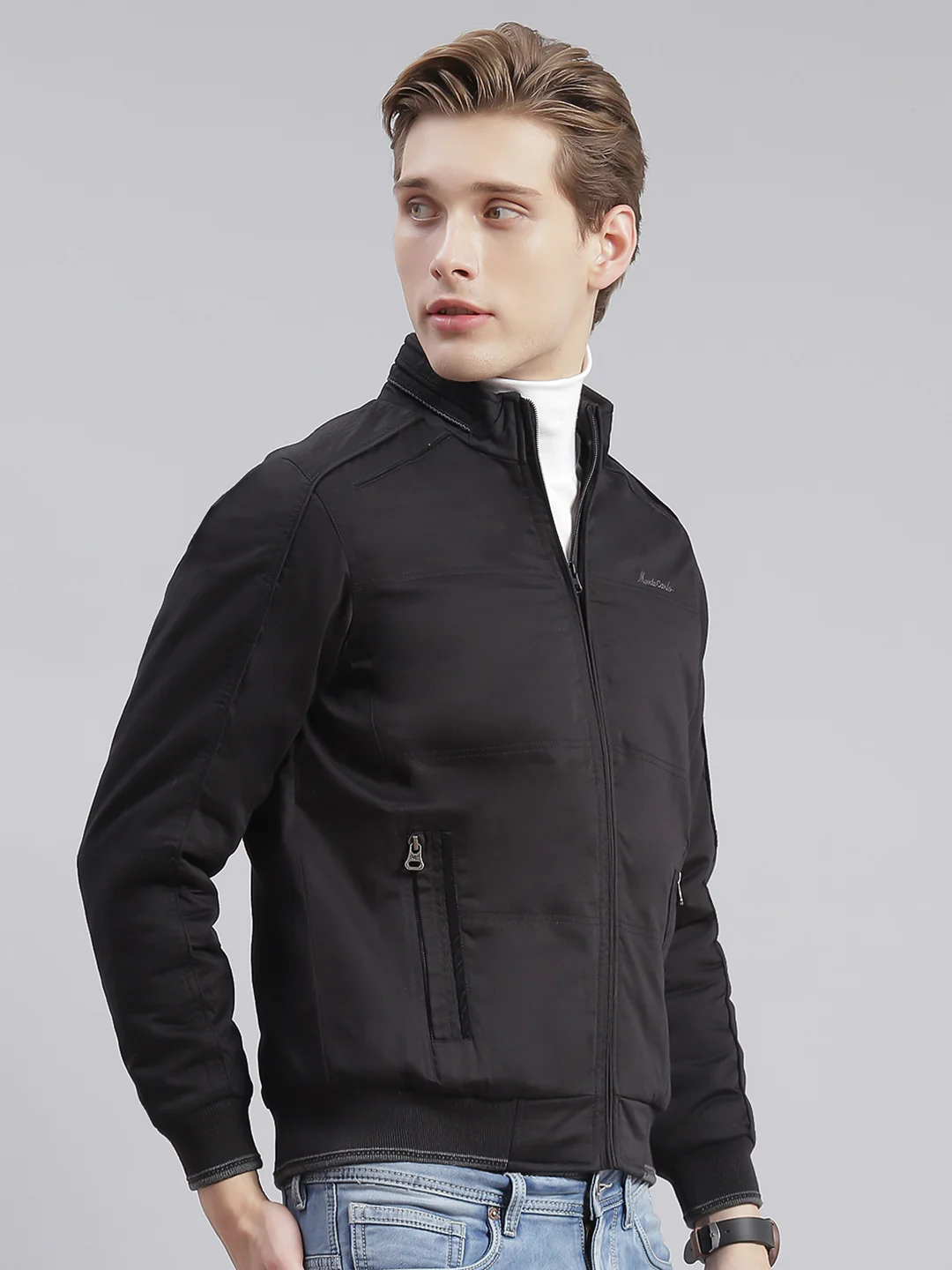 Men Black Solid Stand Collar Full Sleeve Jackets - Image 6