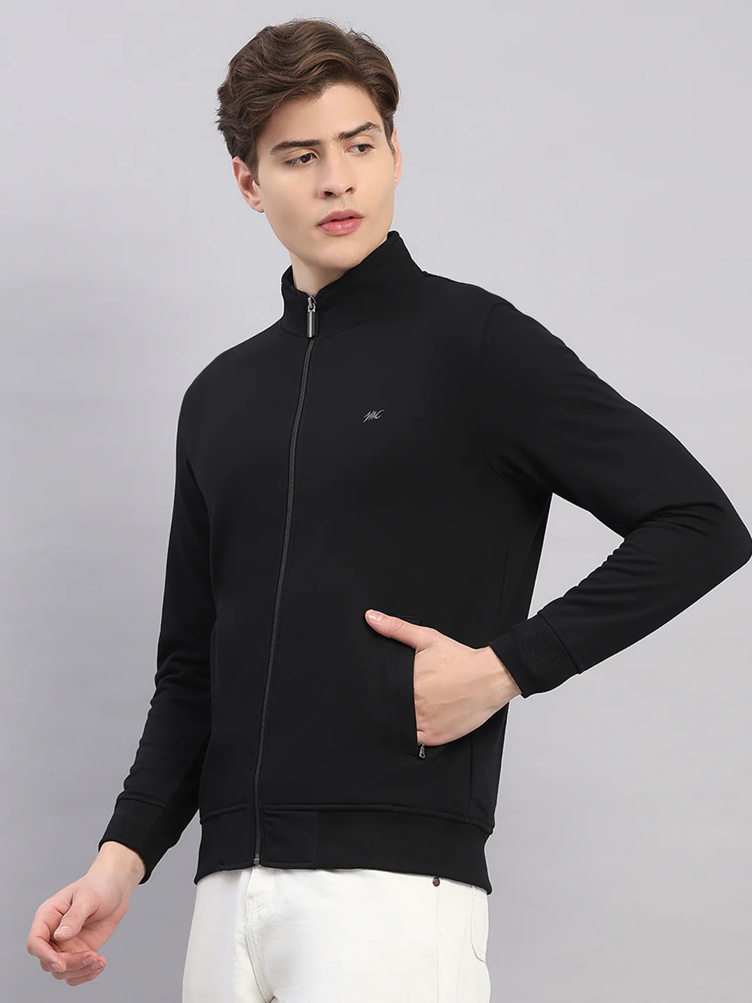 Men Black Solid Stand Collar Full Sleeve Sweatshirt - Image 3
