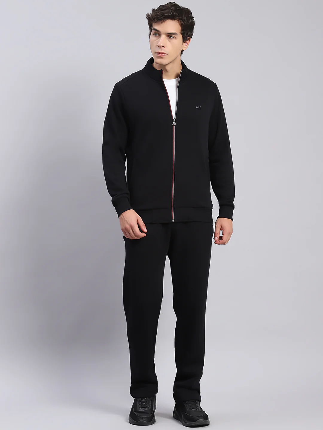 Men Black Solid Stand Collar Full Sleeve Tracksuits - Image 2