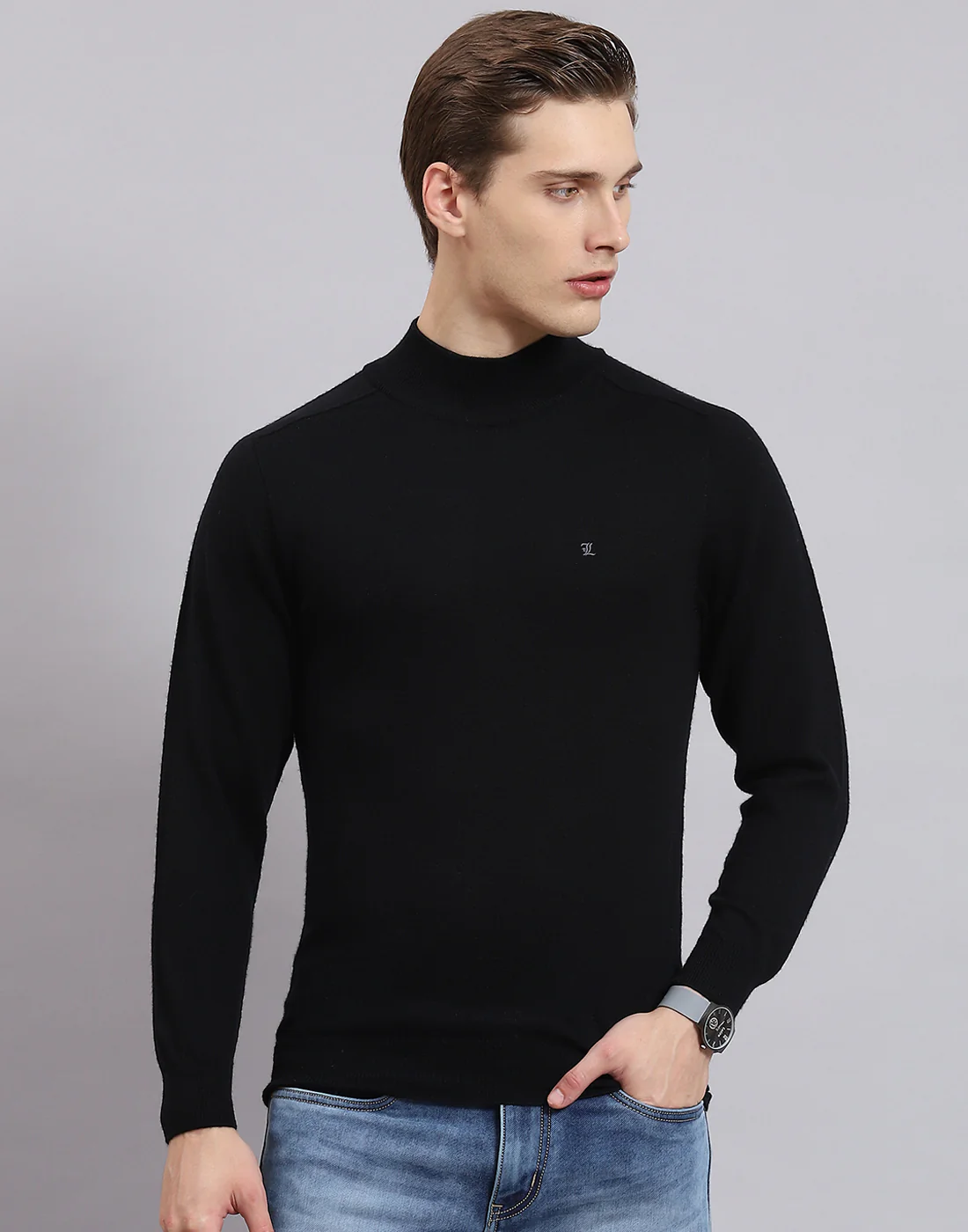 Men Black Solid T Neck Full Sleeve Sweater - Image 2