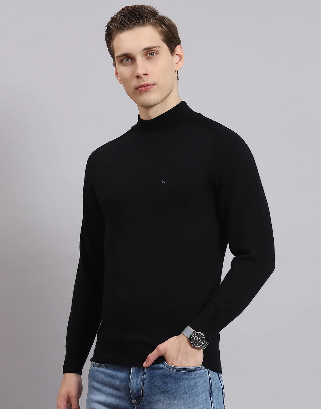 Men Black Solid T Neck Full Sleeve Sweater - Image 3