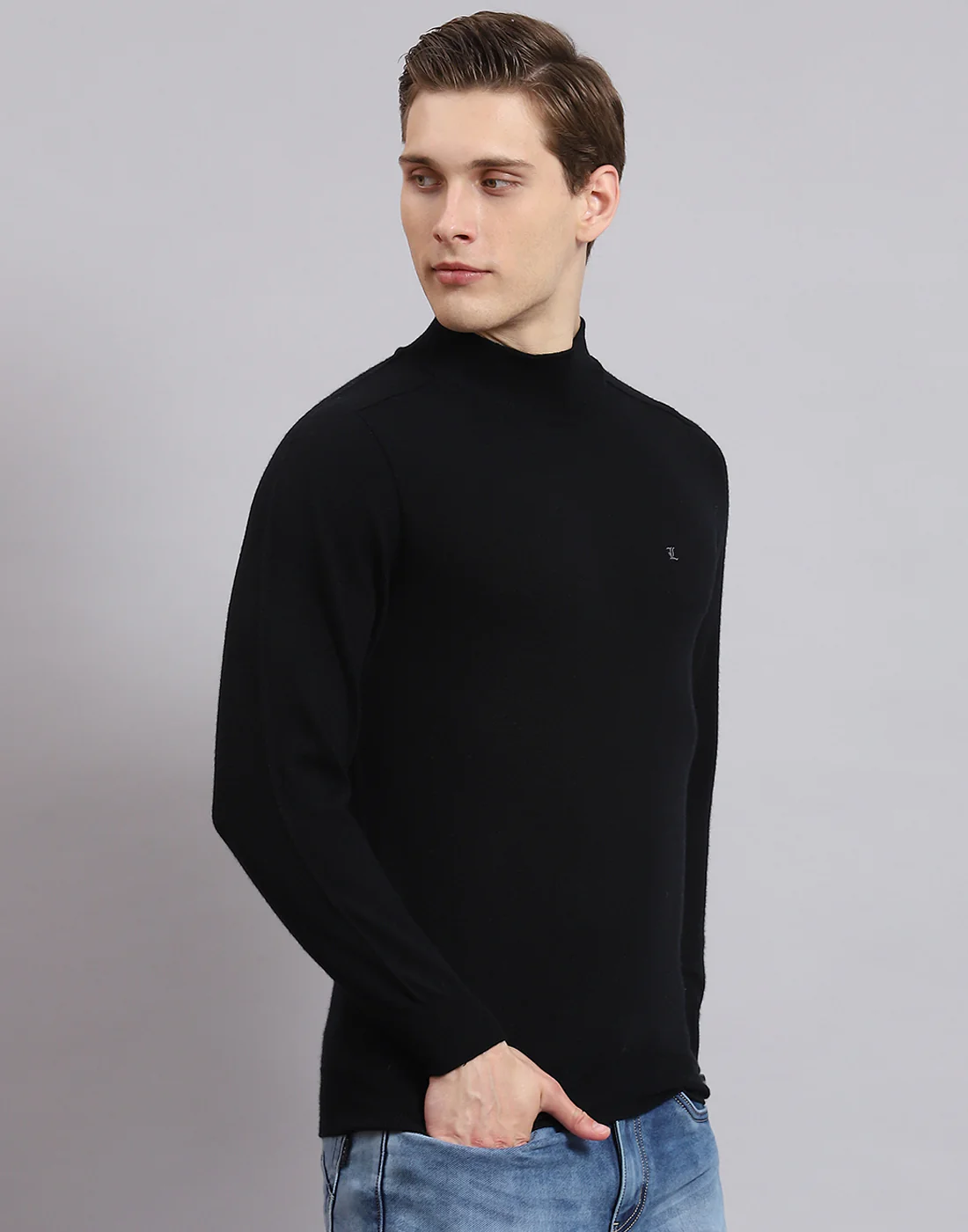 Men Black Solid T Neck Full Sleeve Sweater - Image 4