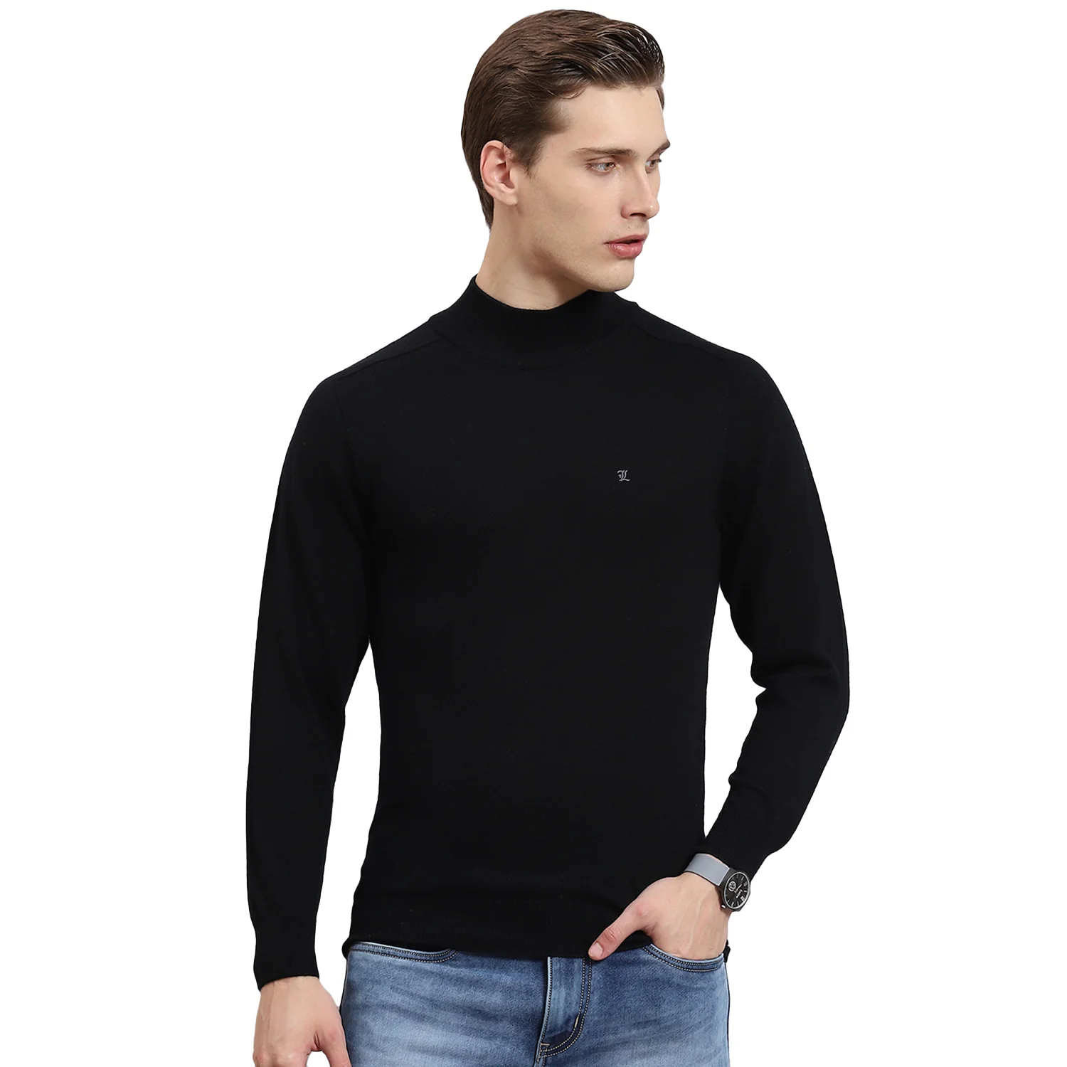 Men Black Solid T Neck Full Sleeve Sweater - Image 5