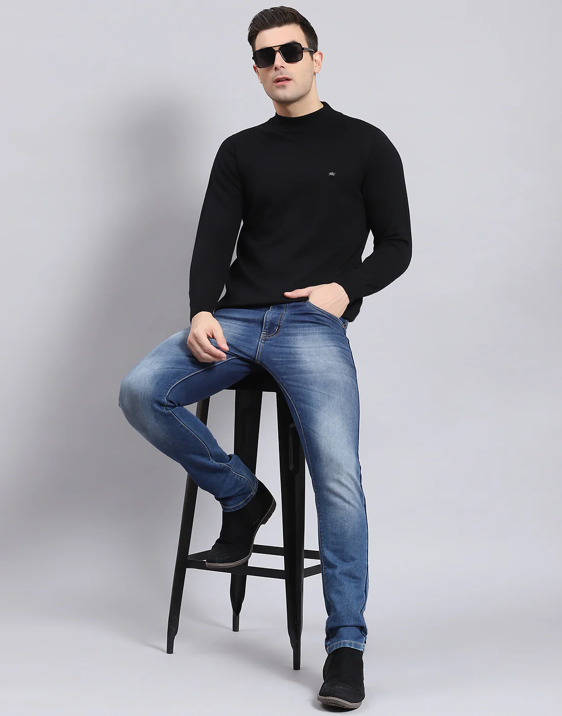 Men Black Solid T Neck Full Sleeve Sweater - Image 2