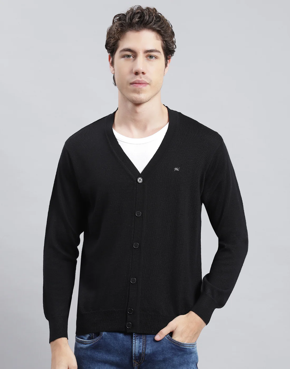 Men Black Solid V Neck Full Sleeve Cardigan - Image 2
