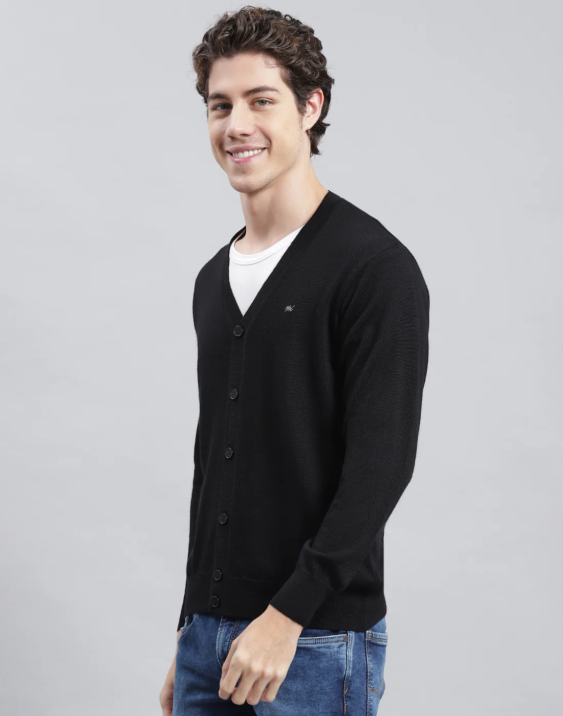 Men Black Solid V Neck Full Sleeve Cardigan - Image 3